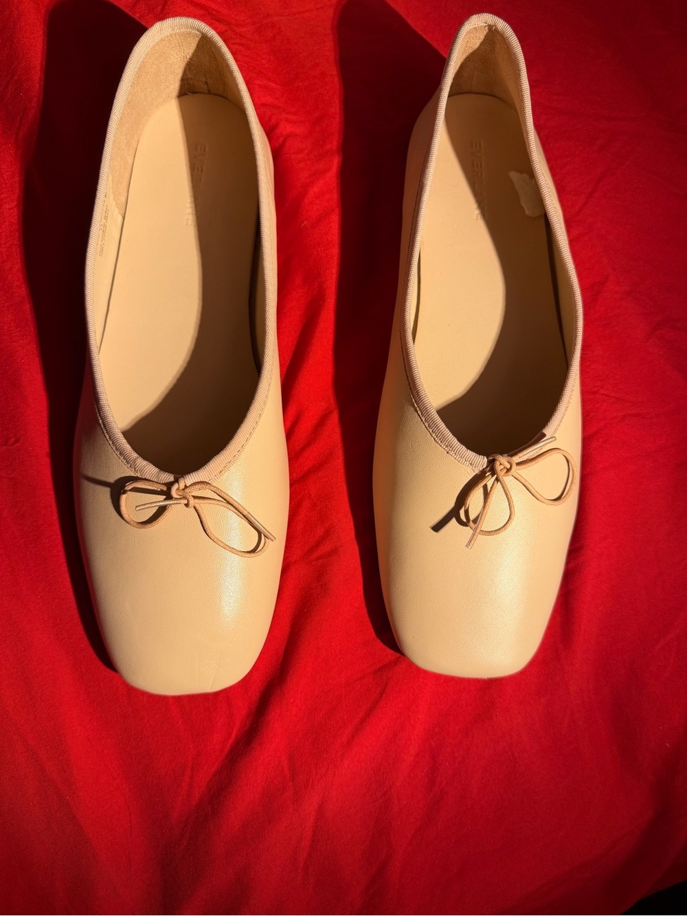 Women’s Ballet Flats - Beige Leather Bow Slip-Ons